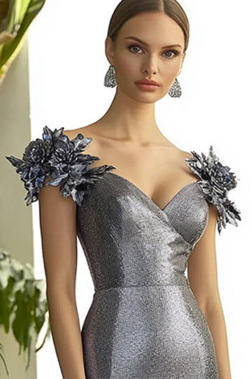 Metallic Dark Grey Sheath V-Neck Formal Dress with 3D Flowers